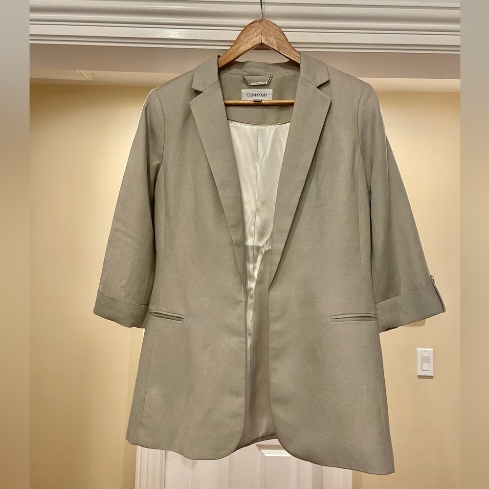 Calvin Klein Tan Linen Blend Blazer Relaxed Fit Open Front